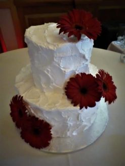 white tiered cake with red flowers